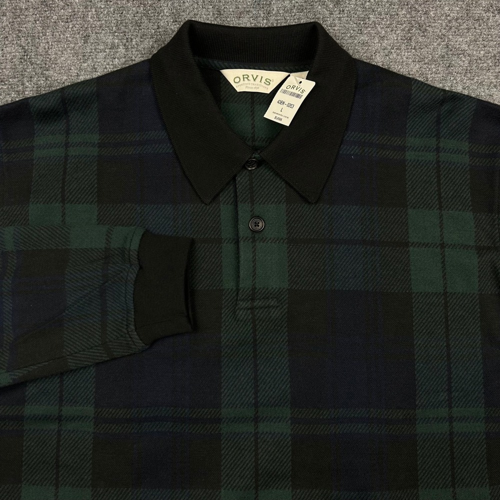 Orvis Black Watch Polo Shirt Mens L Green Black Tartan Plaid Long Sleeve Cotton